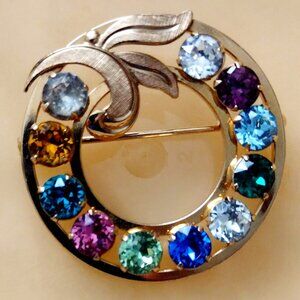 Vintage 12K Gold Filled Circle Brooch Pin Multi Colored Rhinestones